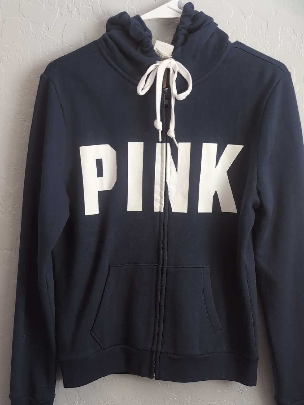 PINK Navy Hoodie with White Drawstrings